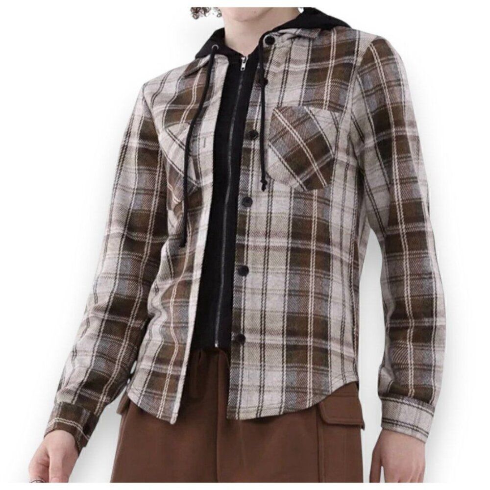 Women’s Plaid Shirt Lightweight Shacket with Hood